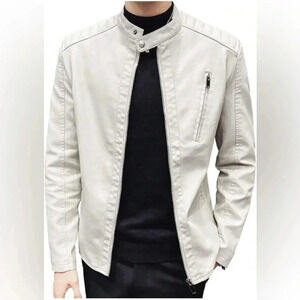 0001023 Mens Casual Stand Collar Slim Fit Faux Leather Jacket